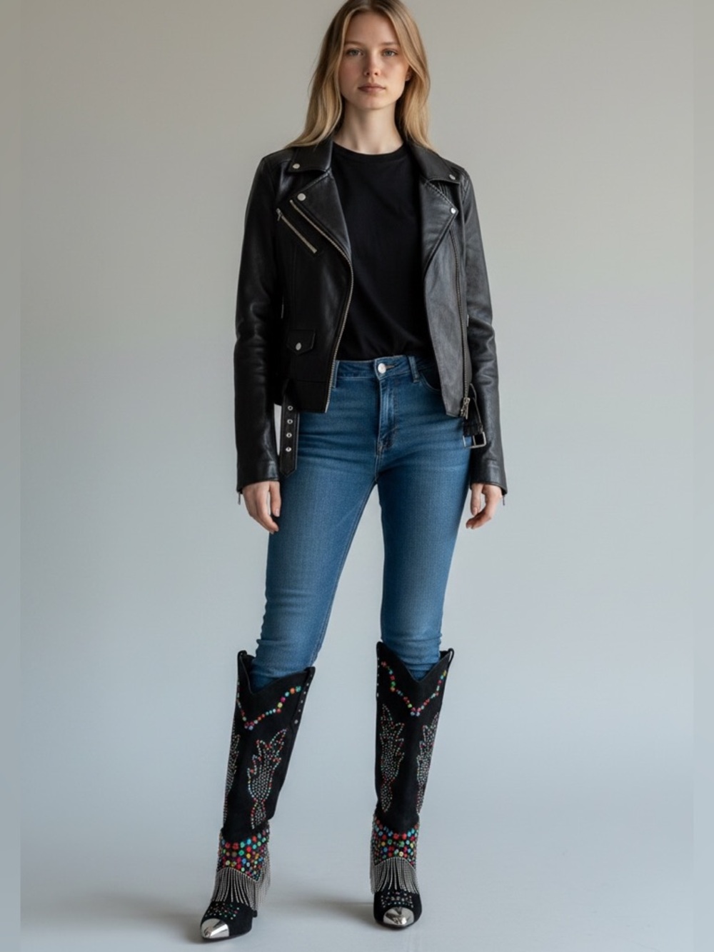 Gianni Bini Kaitrin Black Denim Rhinestone Embellished Fringe Heel Boots $229 - Picture 7 of 7